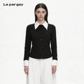 Lapargay Contrast Turn-down Collar Single-breasted Fitted Top Delicate Small Label Accent L75101906C