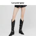 Lapargay Sweet Cool Mid-Calf Boots Women Black Versatile Retro Pointed Toe Cowboy Leather Boots Fashion Women Shoes Autumn Winter Trendy Boots