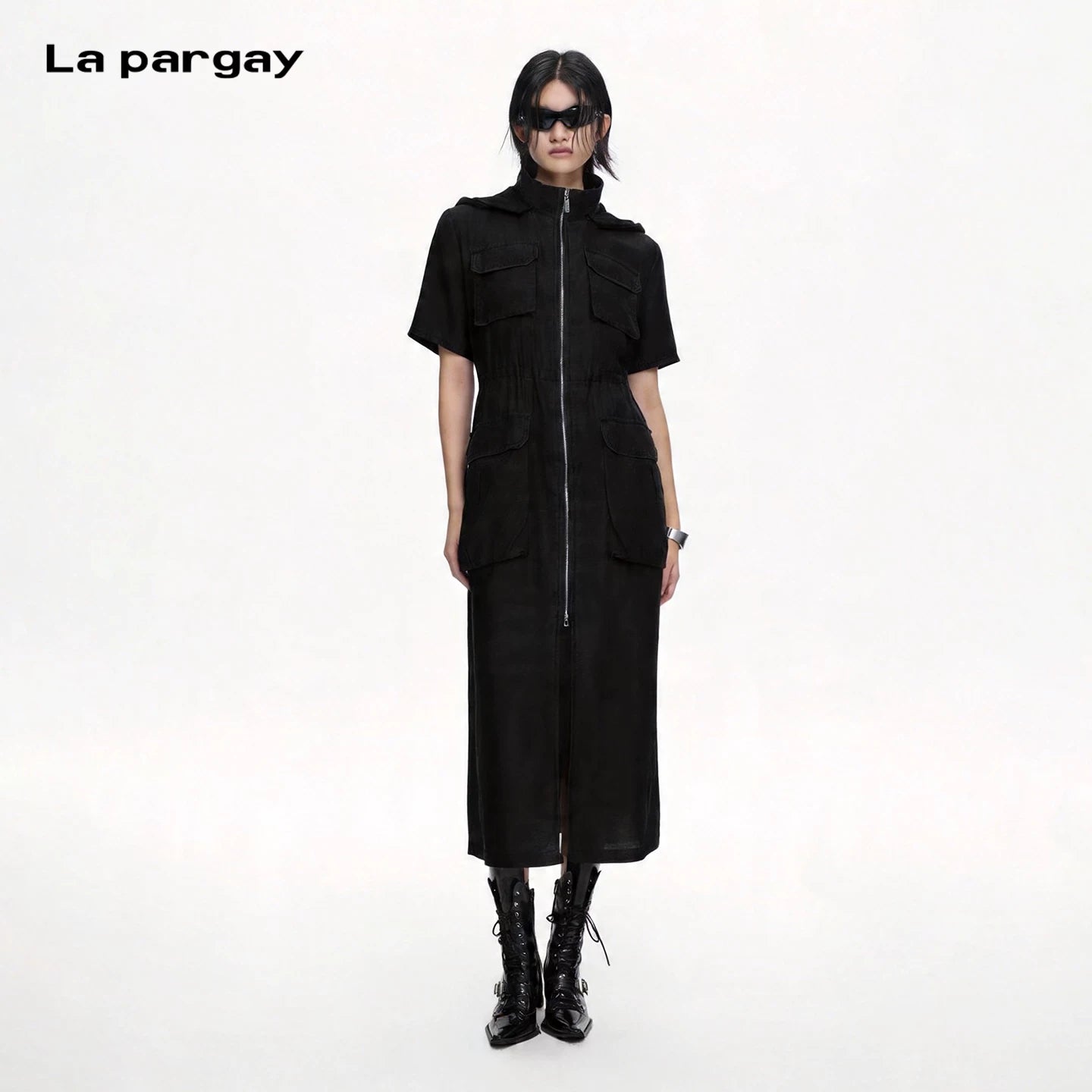 Lapargay Full-Zip Cargo Long Skirt, 3D Multi-Pockets, Detachable Hood, Cinched Waist L75209007V