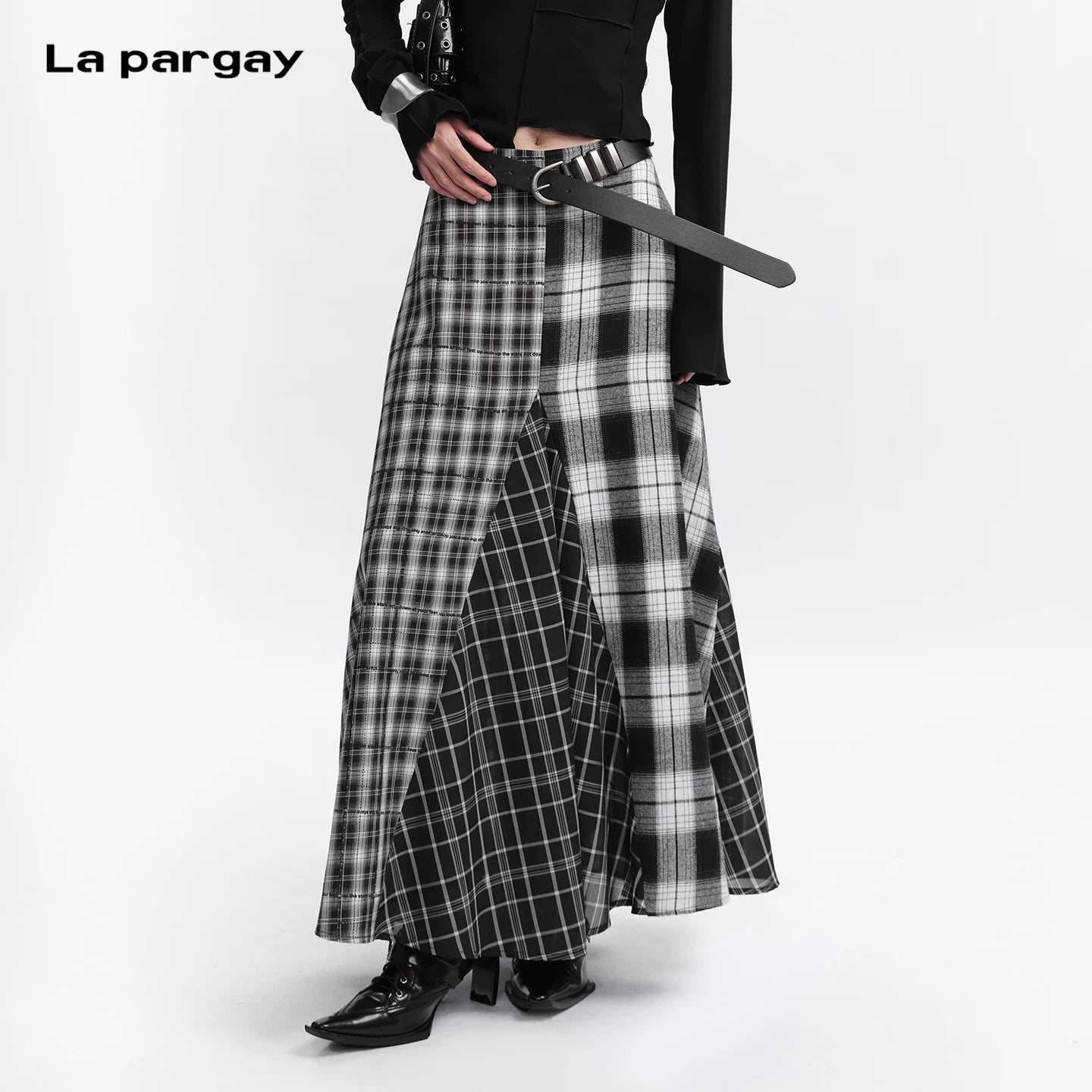 Lapargay Plaid Deconstruction Skirt Slight A-Line Silhouette Irregular Patchwork Craft L75309107V