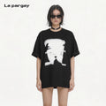 Lapargay loose drop-shoulder short-sleeve T-shirt with black and white portrait print, casual and relaxed L69200205V