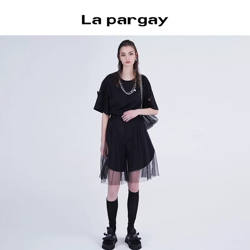 Lapargay 2026 Spring New Black Mesh Overlay Casual Bermuda Shorts Versatile Age-Defying Slimming
