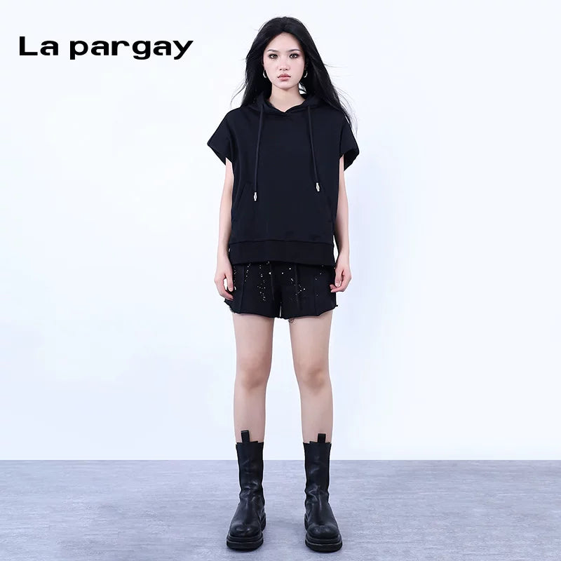 Lapargay Irregular Split Shorts Casual Pants 2026 Spring New Women's Black Personality Design Pants