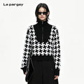 Lapargay Houndstooth patchwork knitwear Half-zip high collar Waist-cinching short pullover L75108208C