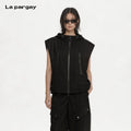 Lapargay Pure Black Tech Hooded Vest Multi-Zipper Details Versatile for Various Outfits L75201408S