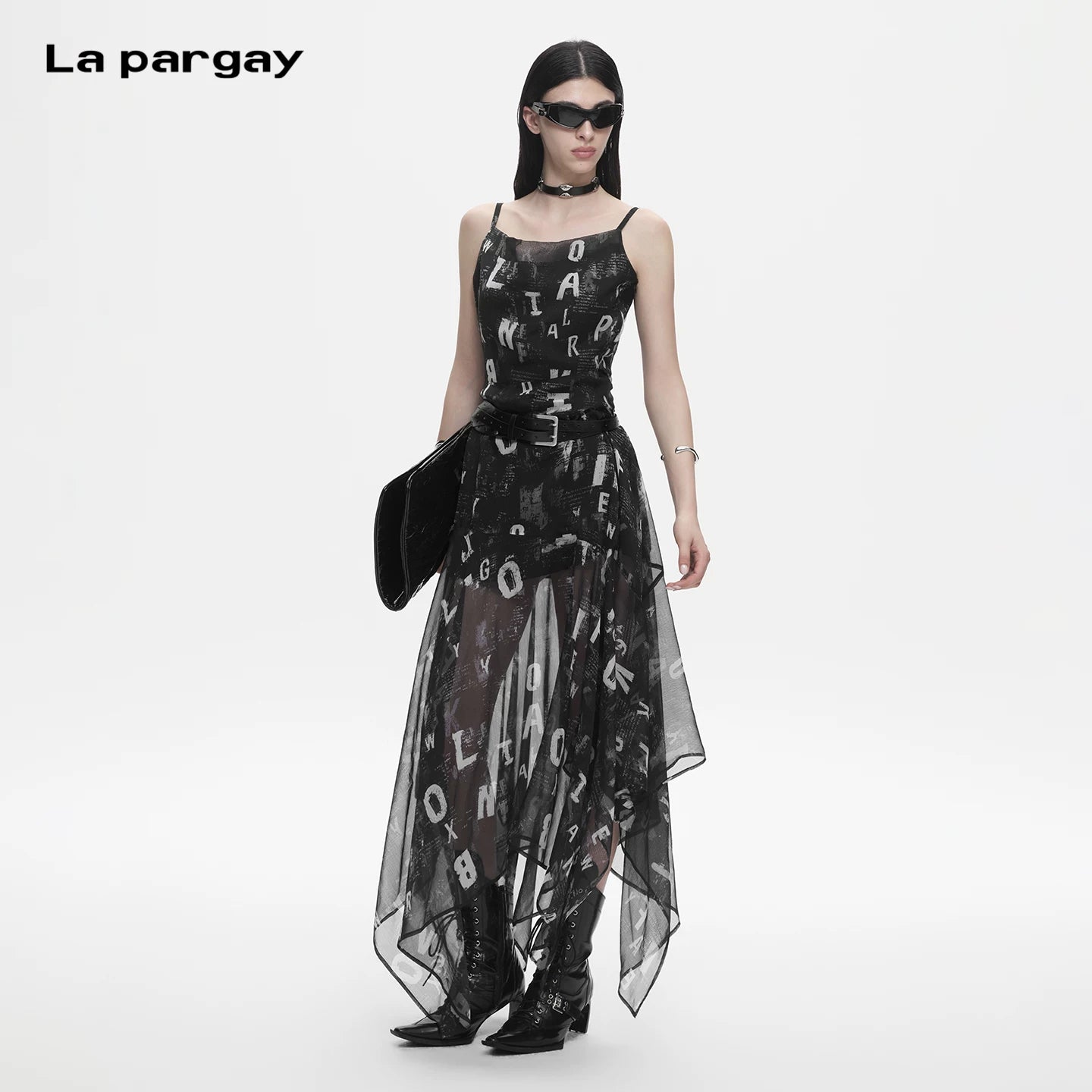 Lapargay Letter Print Strap Dress Waist-Hugging and Slimming Irregular Mesh Long Skirt L78209009V