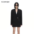 Lapargay Notch Lapel Mid-Length Blazer Clean Silhouette Enhancing Head-Shoulder Proportion L63301208B