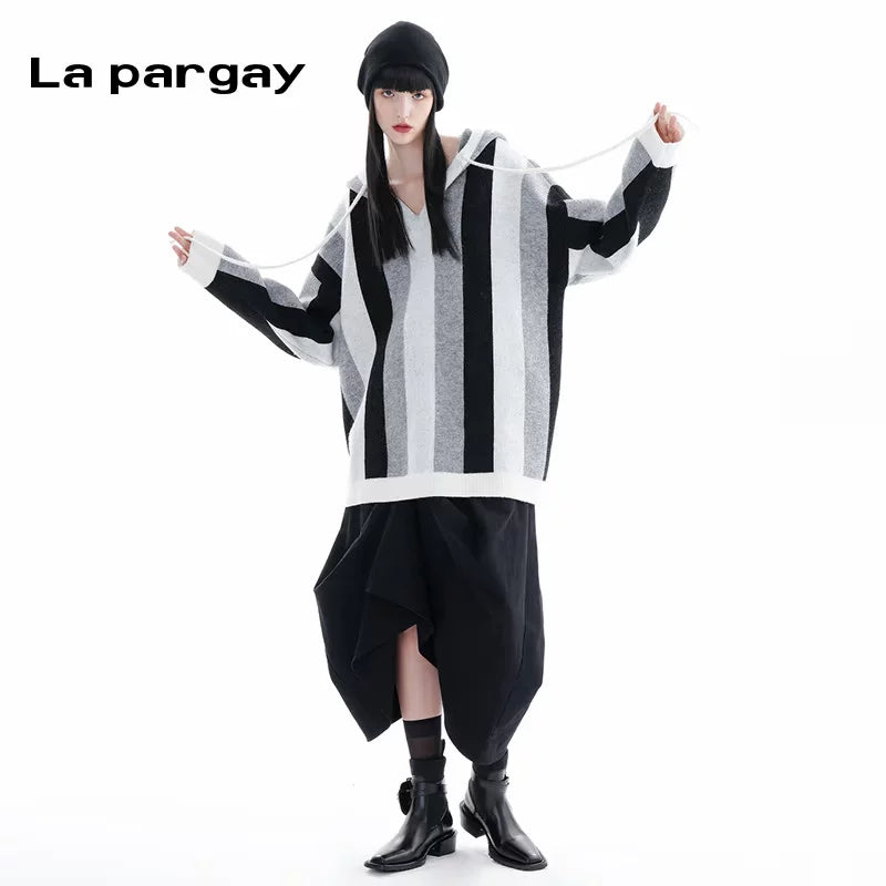 Lapargay long sleeve hooded pullover knit sweater 2026 new women's casual loose design top