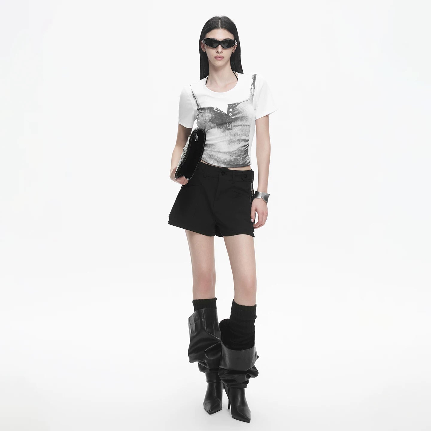 Lapargay Vintage wash print Layered two-piece effect Short waist-cinching top L78200205V