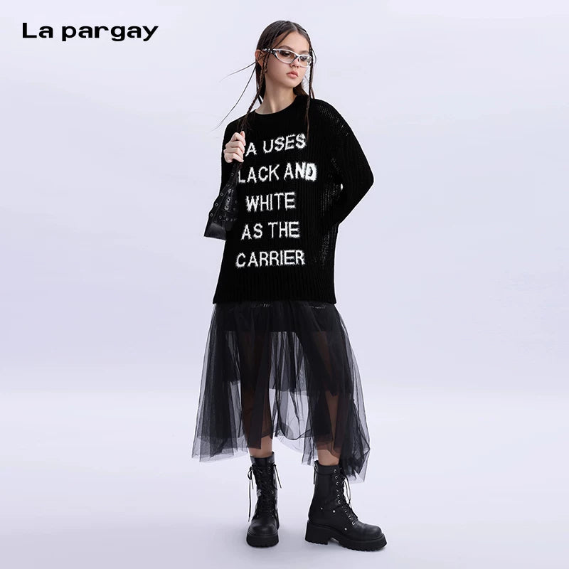 Lapargay hollow fashion wool knit sweater 2026 spring new design letter embroidery trendy top