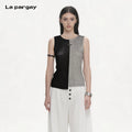 Lapargay black-gray color-block spliced asymmetrical cut metal logo sleeveless top L75200108C