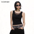 Lapargay Faux Layered Design with Metal Logo Accent, Cropped Slim Fit Vest L75200104C