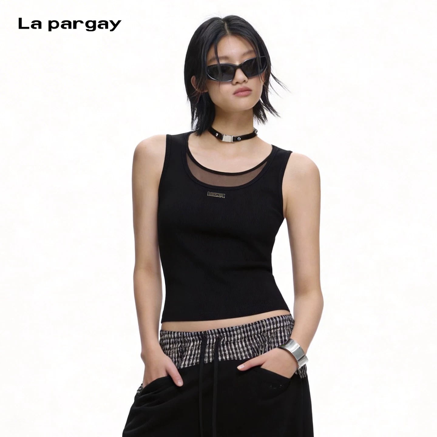 Lapargay Faux Layered Design with Metal Logo Accent, Cropped Slim Fit Vest L75200104C