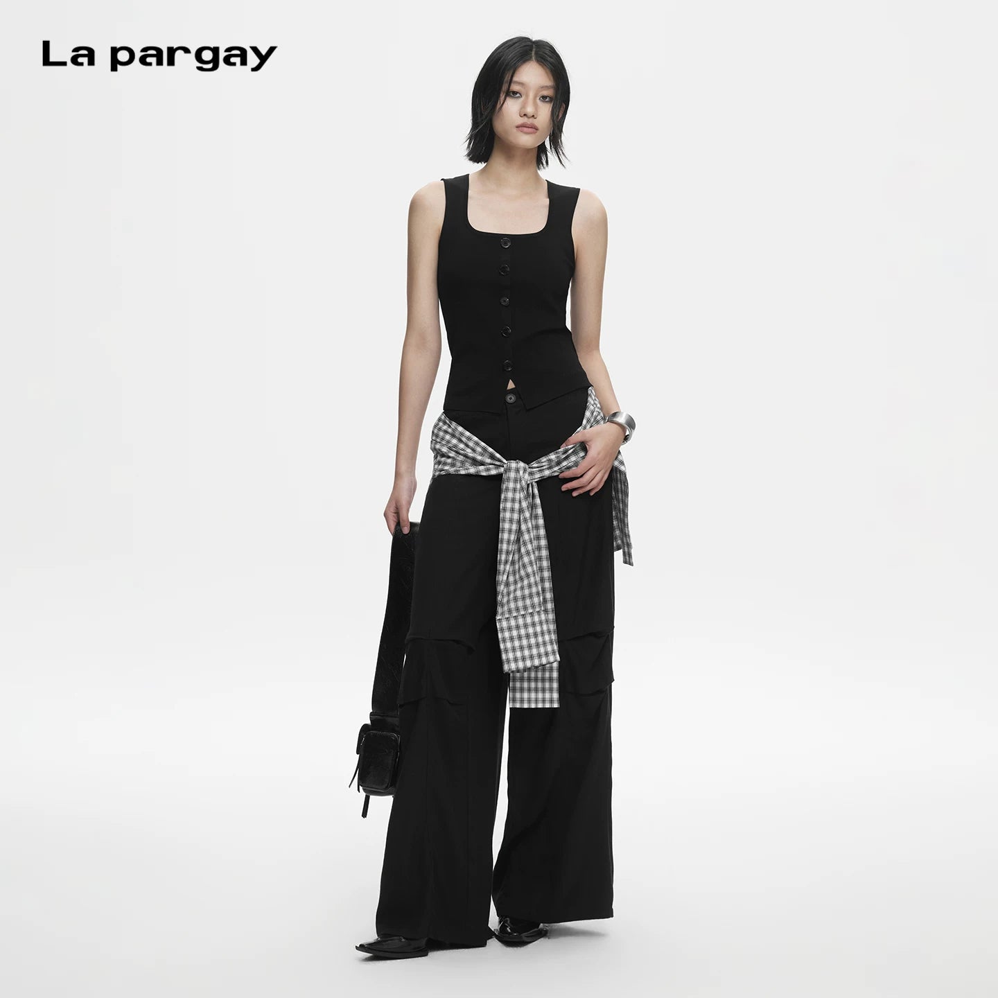 Lapargay Fake Two-Layer Plaid Design Loose Straight-Leg Cargo Pants Slimming and Non-Figure-Selective L78202603V