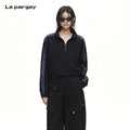 Lapargay national style spliced short jacket stand collar half zip drawstring high waist proportion L75101901V