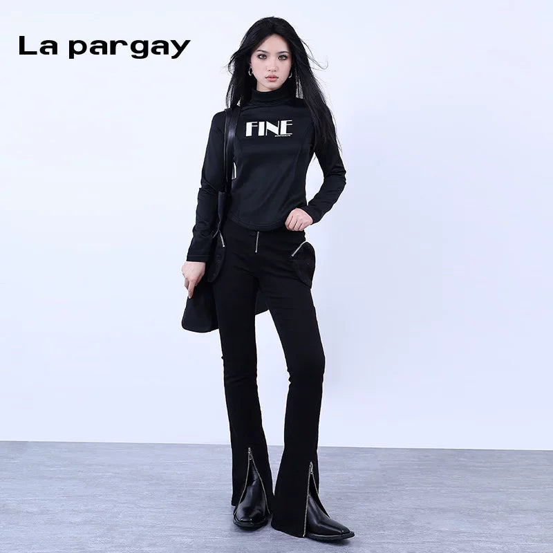 Lapargay High-Waist Pocket Flared Long Pants Casual Pants 2026 Spring New Women's Black Personality Versatile Trousers