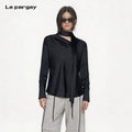 Lapargay Crinkled Satin Ribbon Blouse, Asymmetric Draped Neckline, Crisp Tailoring L72201992C