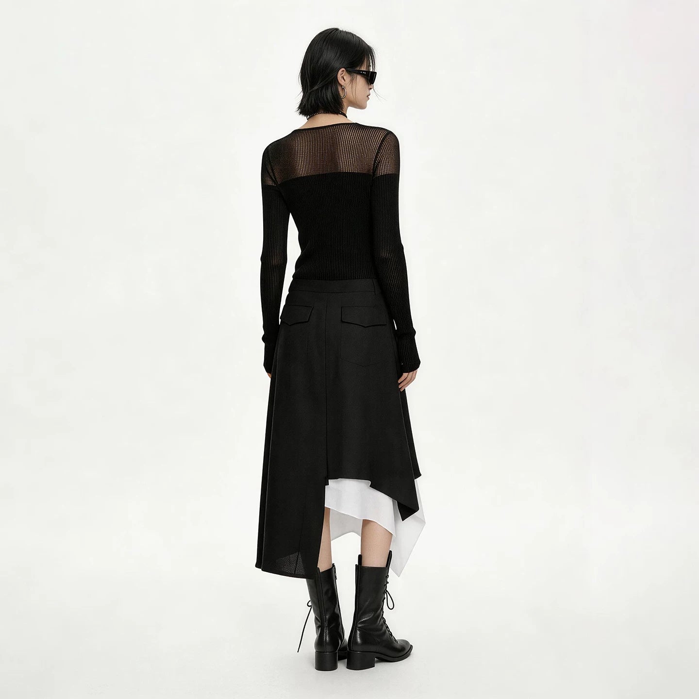 Lapargay Mesh patchwork knit cardigan V-neck with exposed collarbone Asymmetrical waist-cinching top L63308306S