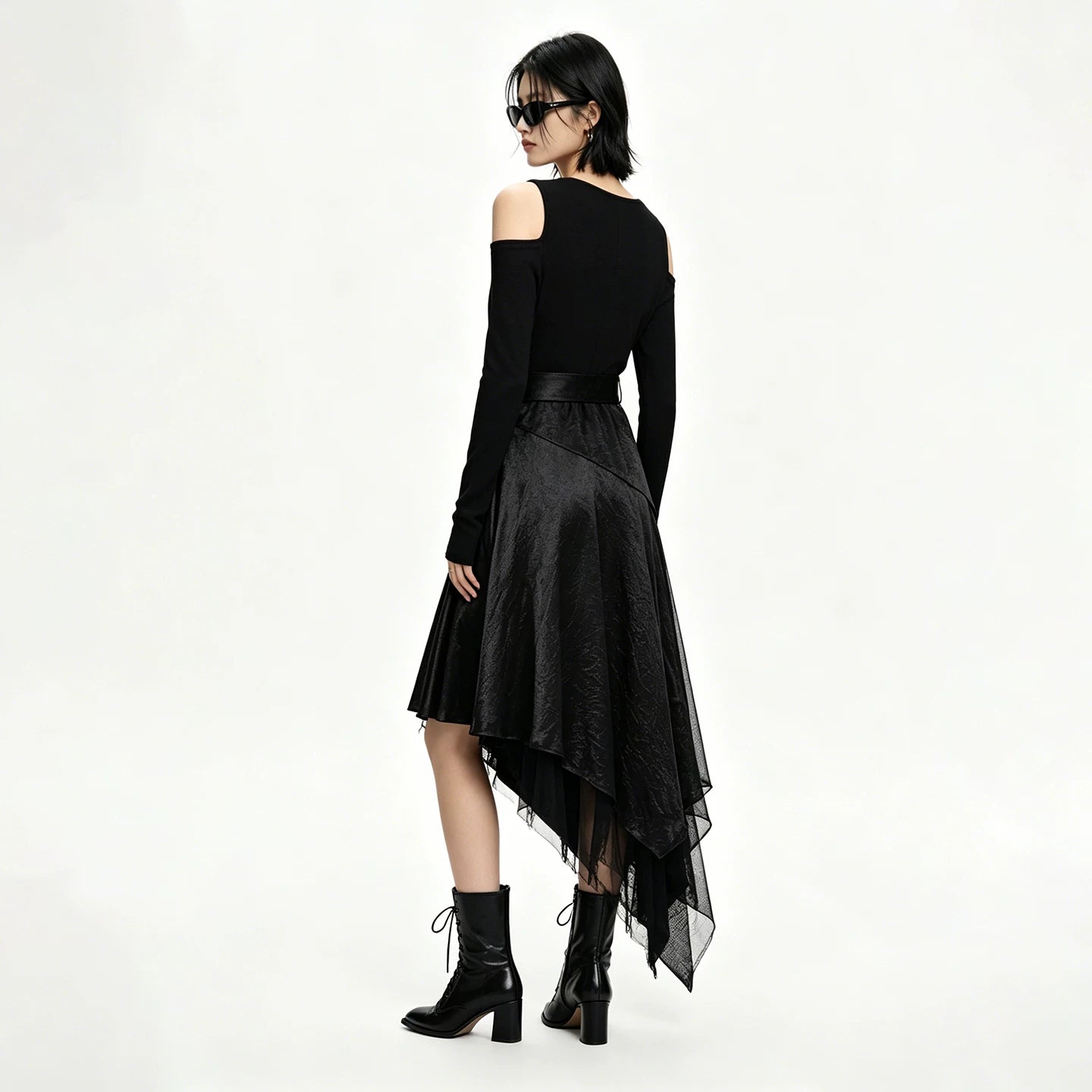 Lapargay Off-Shoulder V-Neck Dress Irregular Hem Waist-Cinching Slimming Little Black Dress L63109013S