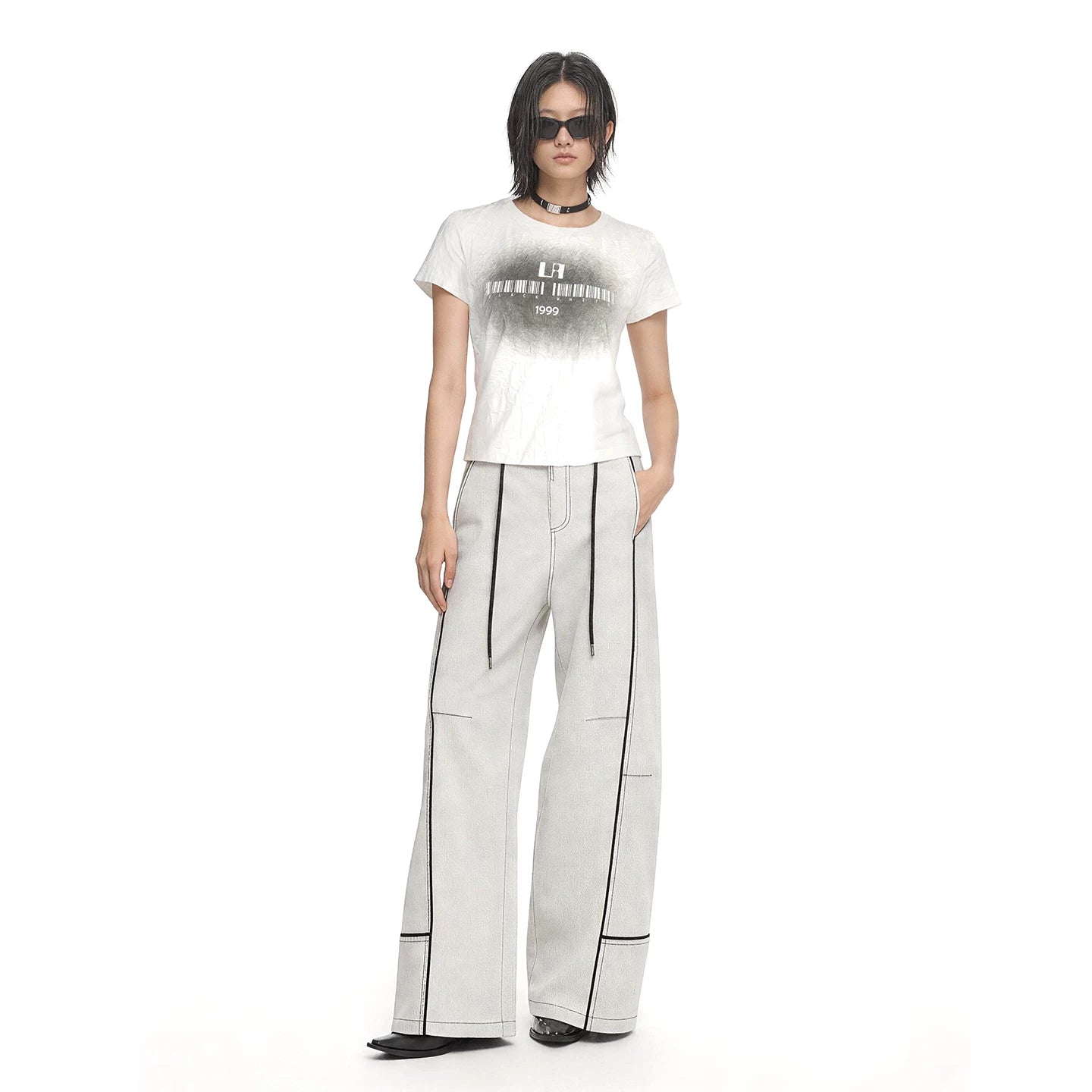 Lapargay Distressed Dye Print T-Shirt Pleated Fabric Casual Round Neck Short Sleeve L75200219V