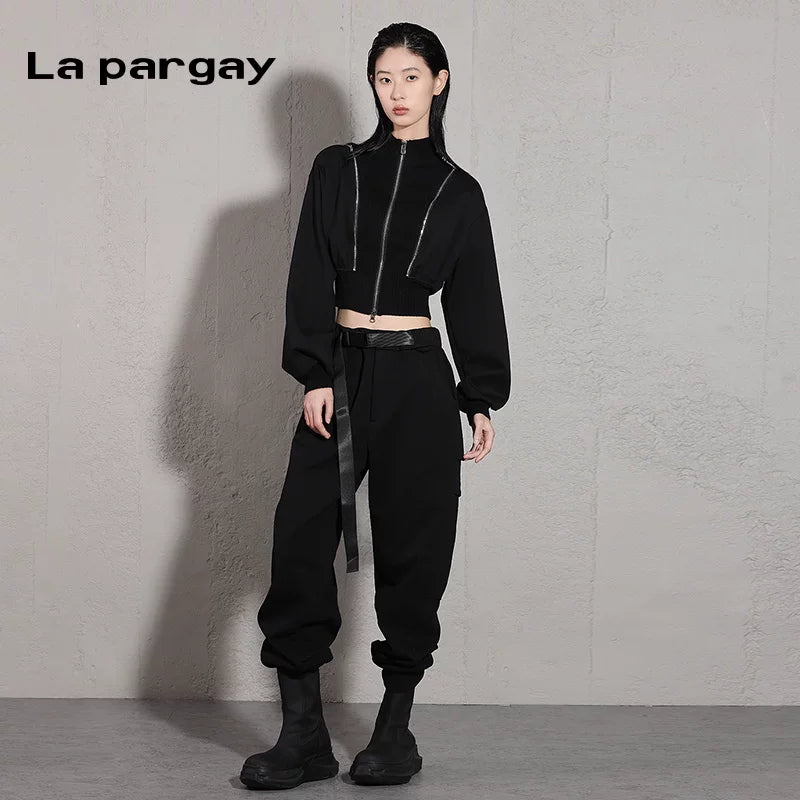 Lapargay high-waist long pants cuffed knit casual pants 2026 spring new women's black personality versatile trousers