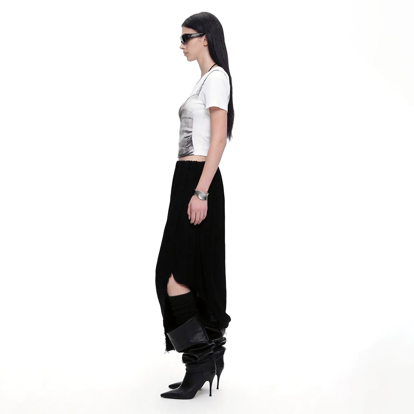 Lapargay Asymmetrical raw edge maxi skirt with elastic waist and slit design L72109107V