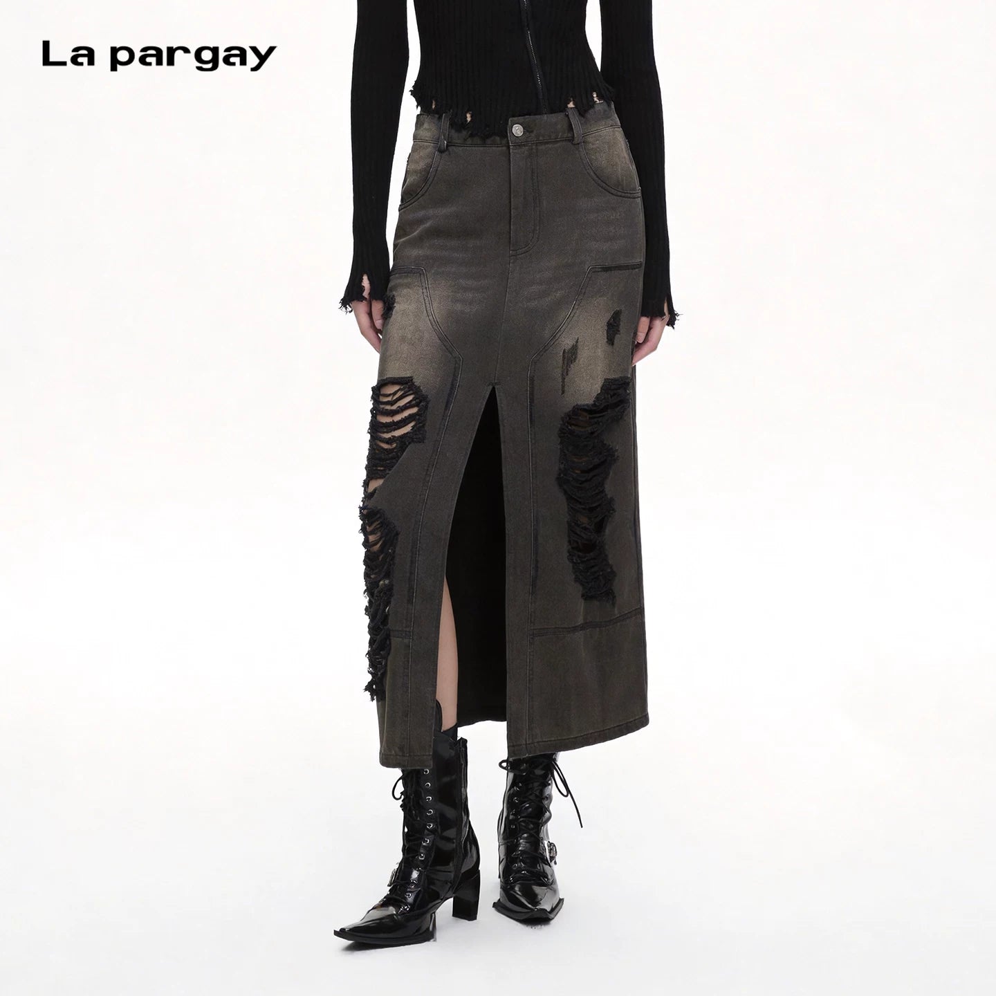 Lapargay Split denim midi skirt Vintage wash and ripped High-waist tummy-control L72109103V