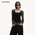 Lapargay Square Collar Fitted Knit Top Sheer Mesh Long Sleeve Patchwork Irregular Hem L72108216C