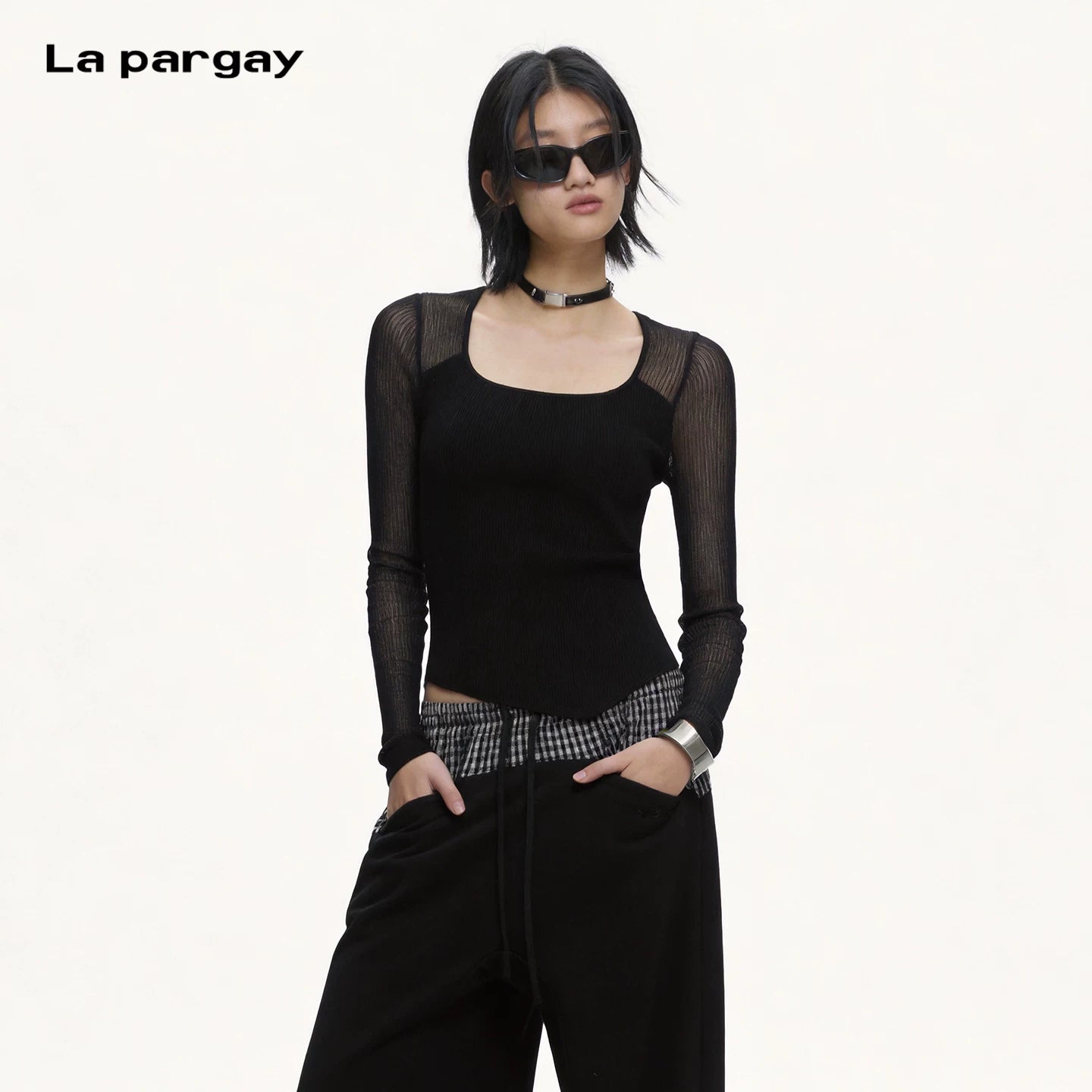 Lapargay Square Collar Fitted Knit Top Sheer Mesh Long Sleeve Patchwork Irregular Hem L72108216C