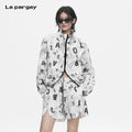 Lapargay  Distressed Letter Newspaper Style, High Neck with Shirring, Lightweight Breathable Short Jacket L78201207V