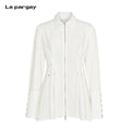 Lapargay Fitted Waist Metal Button Accents Zipper Placket White Shirt-Style Top L75301004V