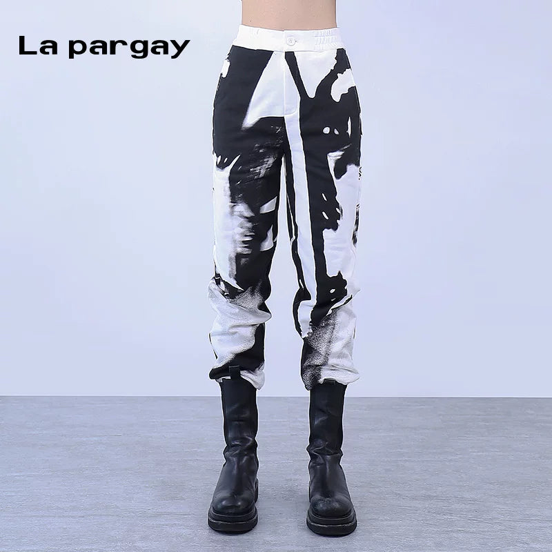 Lapargay Elastic Waist Pure Cotton Knitted Casual Pants 2026 Spring New Personality Print Fashion Design Joggers