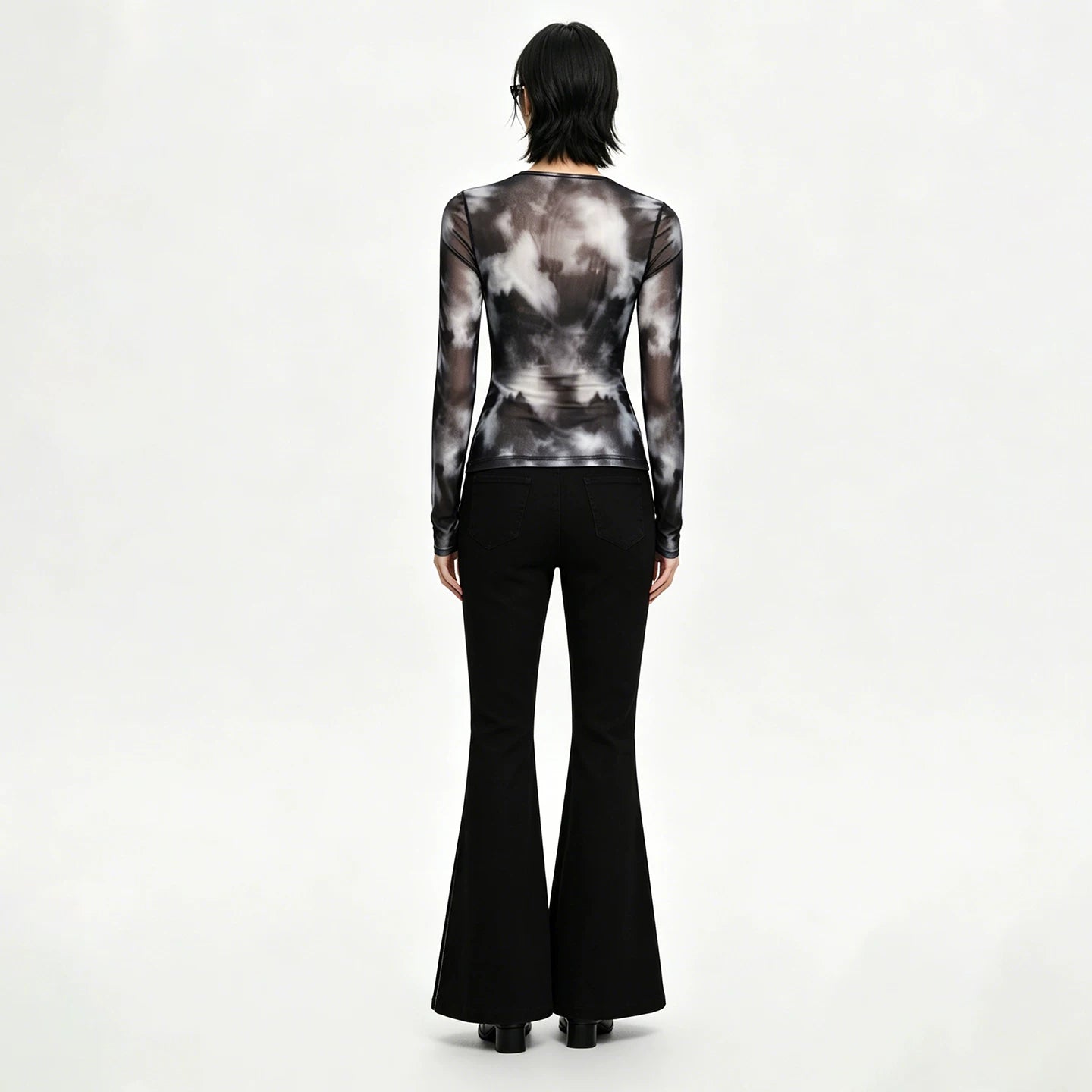 Lapargay X-Ray Print Mesh T-Shirt, Figure-Flattering Slim Fit, Sheer Long-Sleeve Layering Top L75200302V