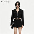 Lapargay Cropped Waist Blazer Metal Double Zipper Padded Shoulder Edgy Girl L69101253V