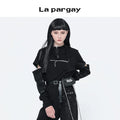 Lapargay cut-out hoodie 2026 spring new women's black loose square-shoulder long-sleeve niche top trend