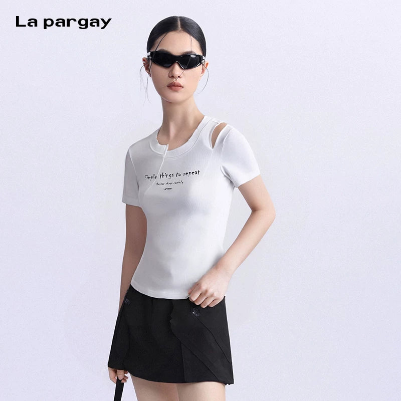 Lapargay Ribbed Casual Knit Top Personality Misaligned Design Sense Short Sleeve T-Shirt Off-Shoulder Trendy Brand Outfit Fashion Short Sleeve Top
