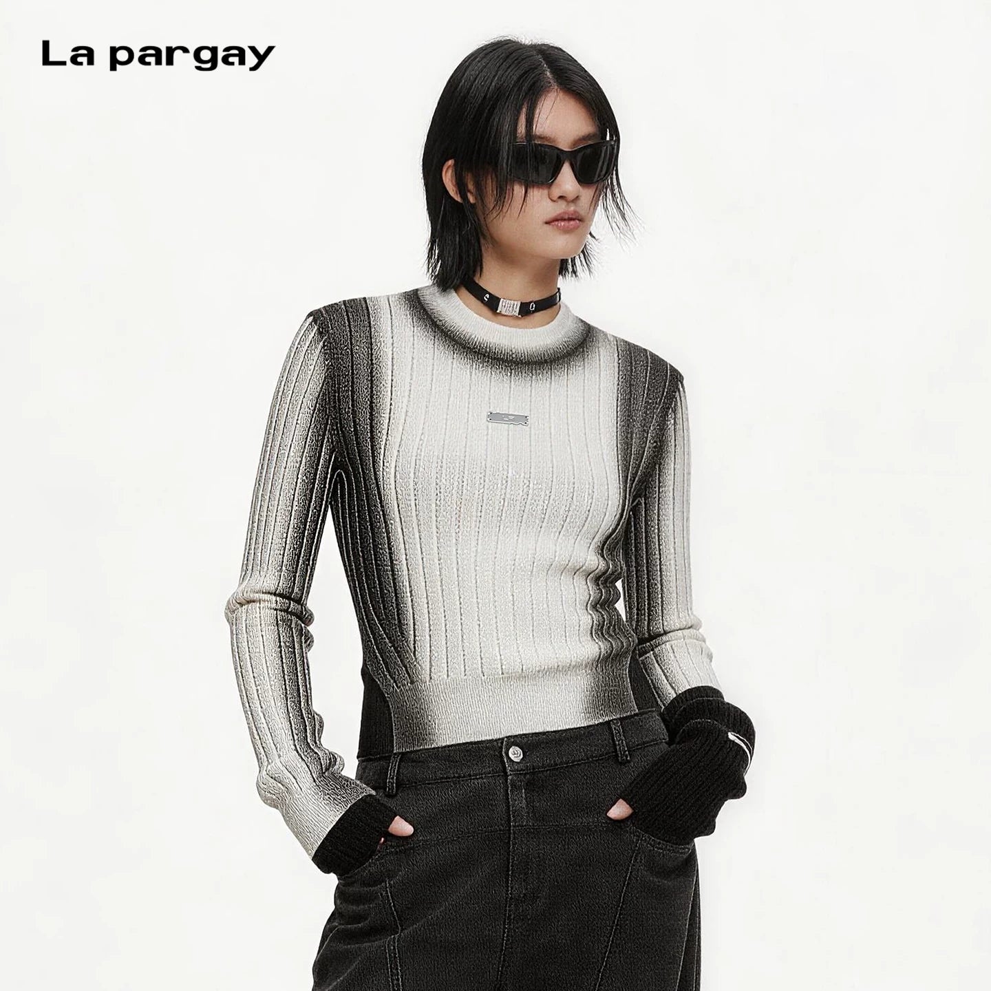 Lapargay gradient ombre ribbed knit sweater mock neck cinched waist metal label decoration L75408206V