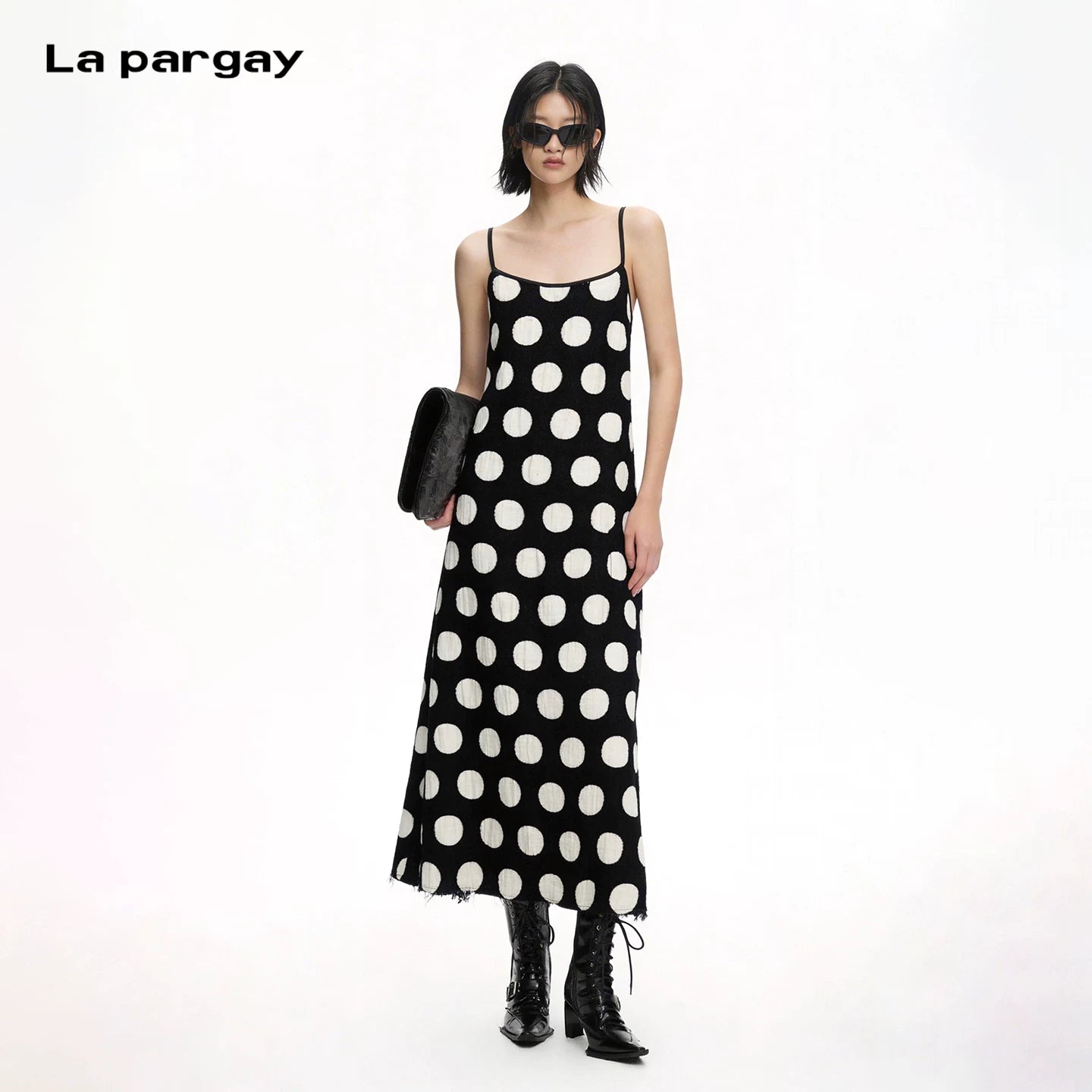 Lapargay black and white polka dot cami dress, loose fit, vintage and casual L75109005V