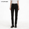 Lapargay Black Versatile Jeans High Waist Slimming Side Letter Print L75302502C