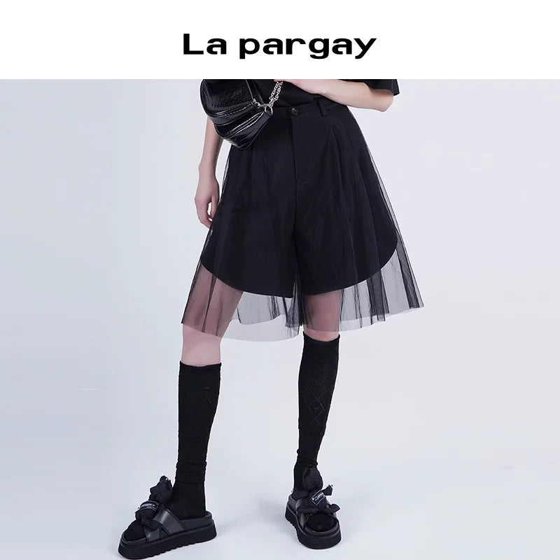 Lapargay 2026 Spring New Black Mesh Overlay Casual Bermuda Shorts Versatile Age-Defying Slimming