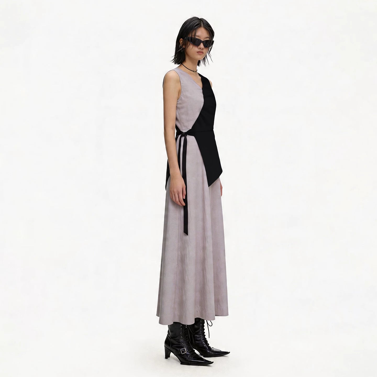 Lapargay Contrast Color Stitching V-Neck Tie-Waist A-Line Slimming Long Dress L75209019C
