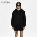 Lapargay Hooded Half-Zip Sweater Dress Drawstring Double Pockets Slimming Short Little Black Dress L75109002C