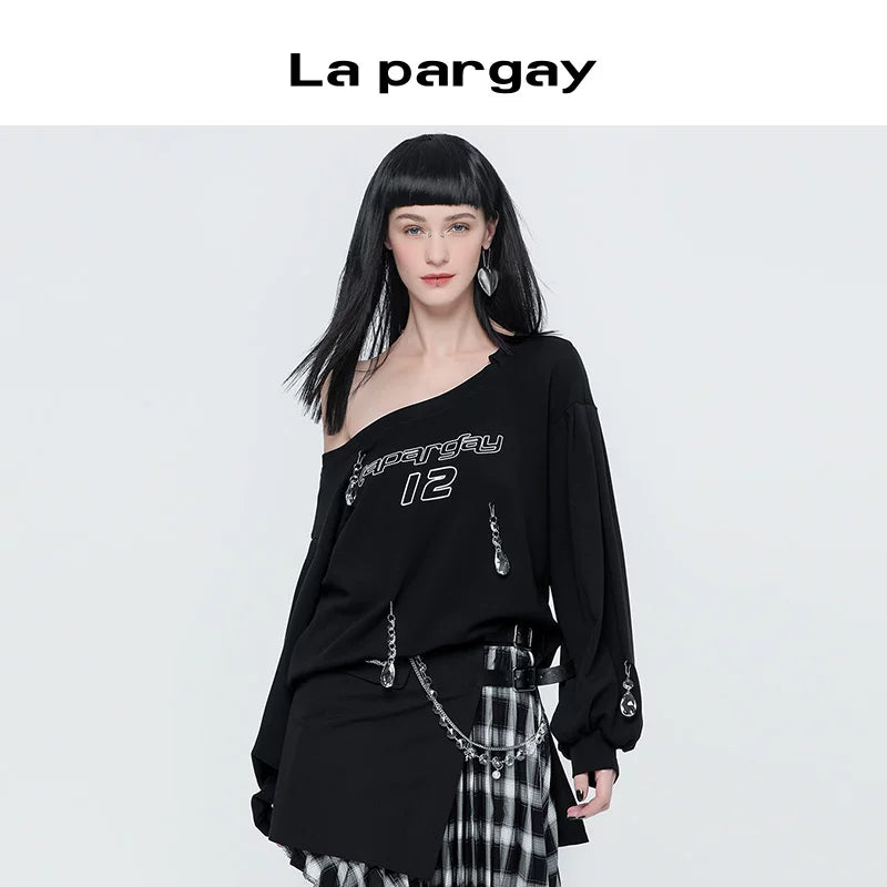 Lapargay 2026 Spring New Black Hanging Neck Printed Pullover Hoodie Casual Loose Fashion Long Sleeve