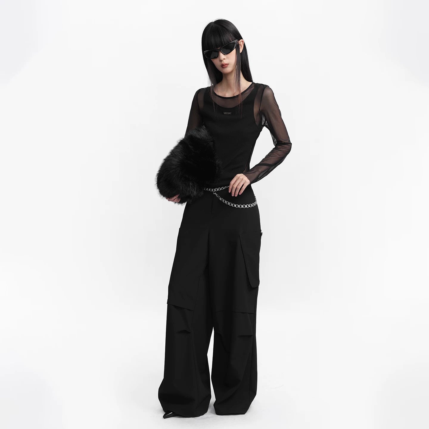 Lapargay Mesh Patchwork Fake Two-Piece Long Sleeve T-Shirt Slim Fitted Slightly Sheer Base Layer L75300303C