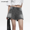 Lapargay Black Gray Washed Denim Casual Pants Multi Pocket Structure Frayed Hem Design L78202205V