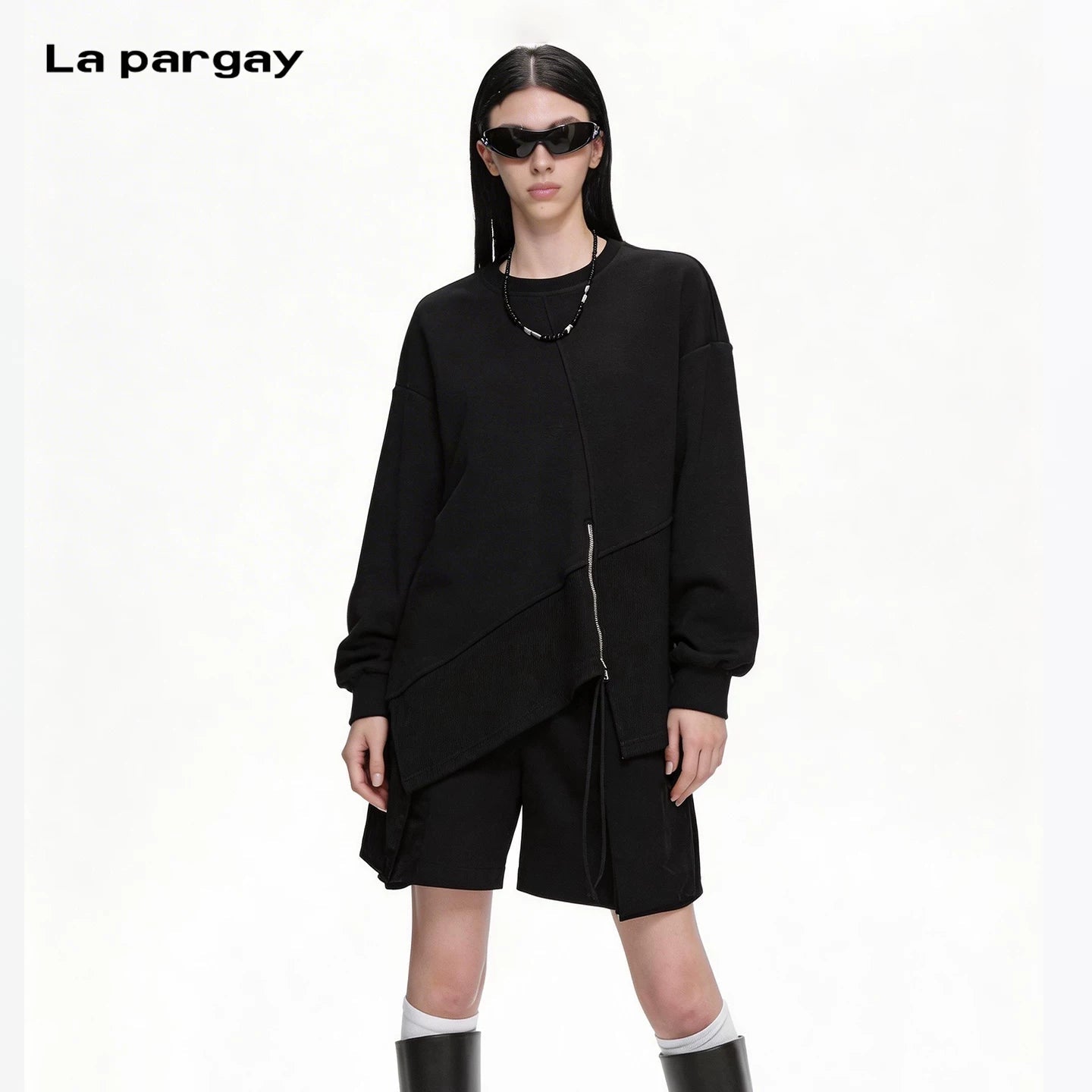 Lapargay Asymmetrical Hem Metal Zipper Decoration Loose Drop Shoulder Sweatshirt L75301990C - Lapargay