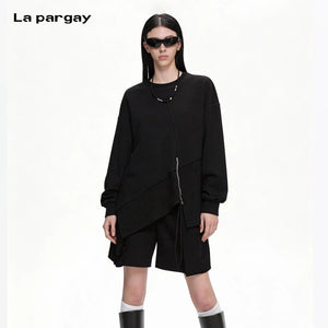 Lapargay Asymmetrical Hem Metal Zipper Decoration Loose Drop Shoulder Sweatshirt L75301990C - Lapargay