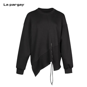 Lapargay Asymmetrical Hem Metal Zipper Decoration Loose Drop Shoulder Sweatshirt L75301990C - Lapargay