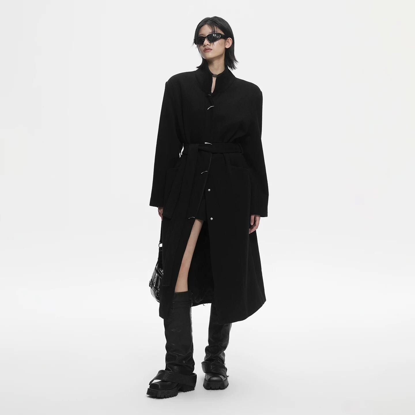 Lapargay avant-garde designed wool coat, high stand collar, self-tie belt long coat L78101605C - Lapargay