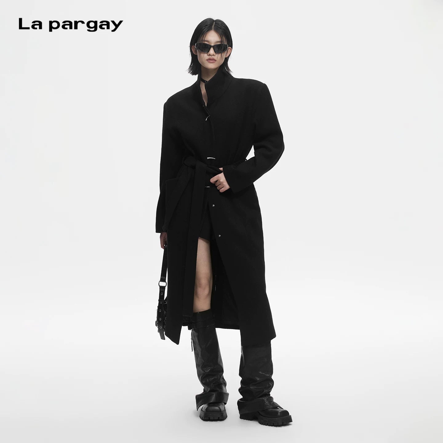 Lapargay avant-garde designed wool coat, high stand collar, self-tie belt long coat L78101605C - Lapargay